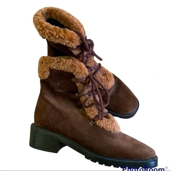 Stuart Weitzman Mid Calf Suede Leather Boots Brown with Faux Fur Trim | Size 6 - Picture 1 of 9